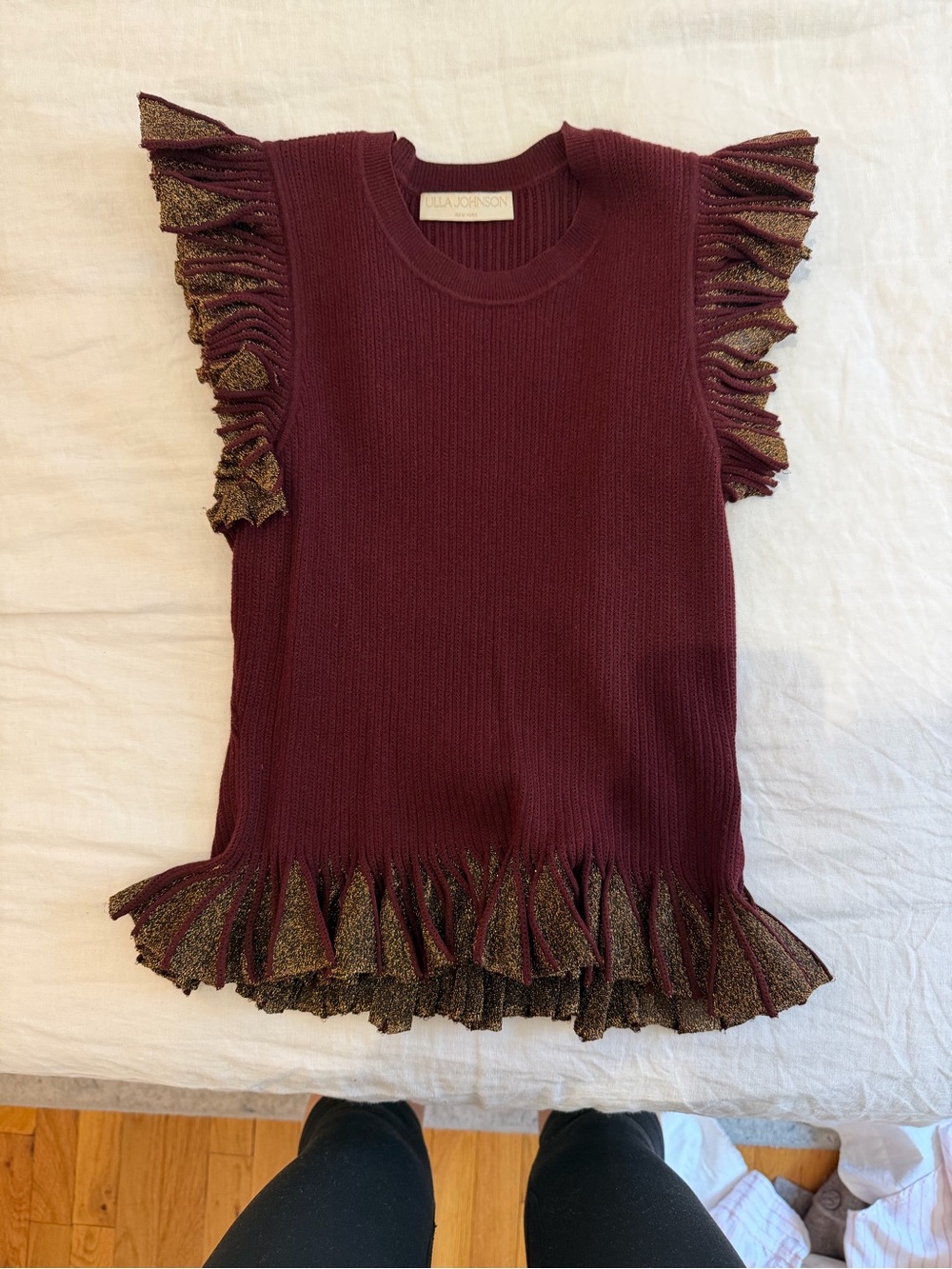 Ulla Johnson Wine Knit Ruffle Top with Metallic Trim